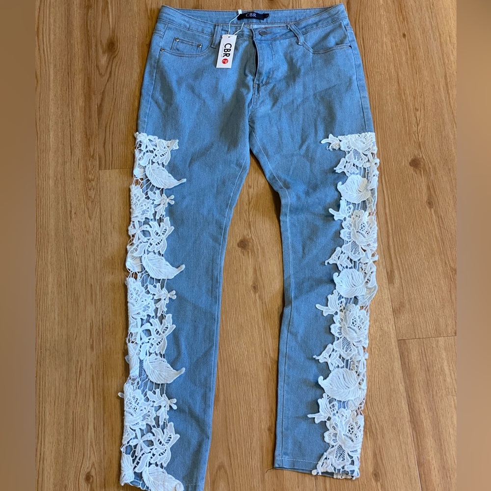 Blue Denim Jeans with White Lace (NWT)